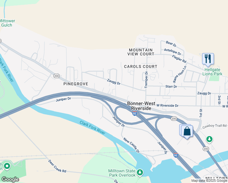 map of restaurants, bars, coffee shops, grocery stores, and more near in Bonner-West Riverside