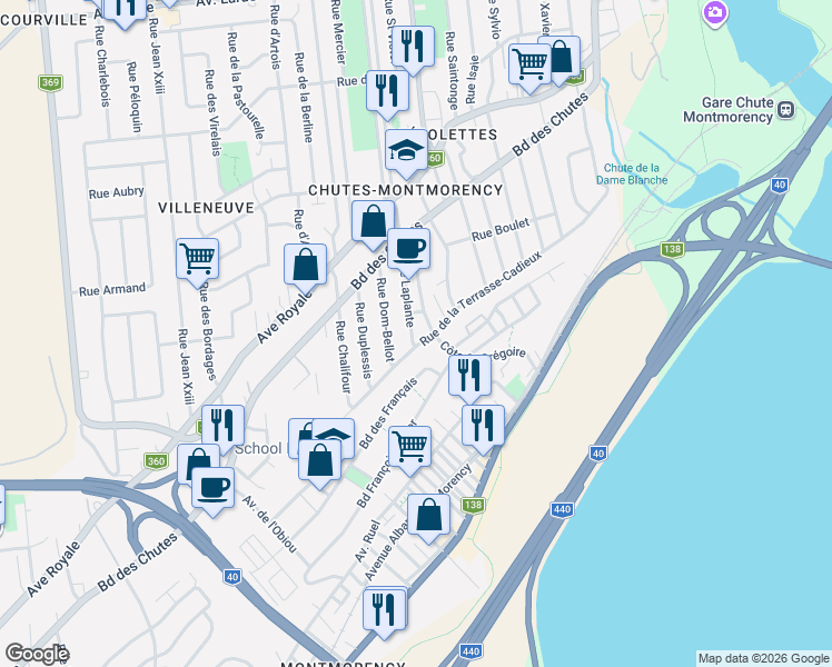 map of restaurants, bars, coffee shops, grocery stores, and more near 89 Rue Laplante in Québec