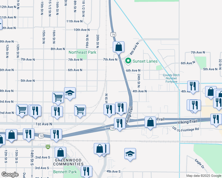 map of restaurants, bars, coffee shops, grocery stores, and more near 324 21st Street North in Moorhead