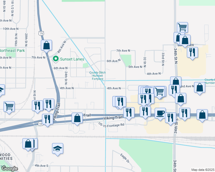 map of restaurants, bars, coffee shops, grocery stores, and more near 2800 4th Avenue North in Moorhead
