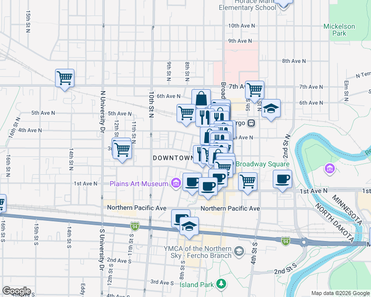map of restaurants, bars, coffee shops, grocery stores, and more near 300 7th Street North in Fargo