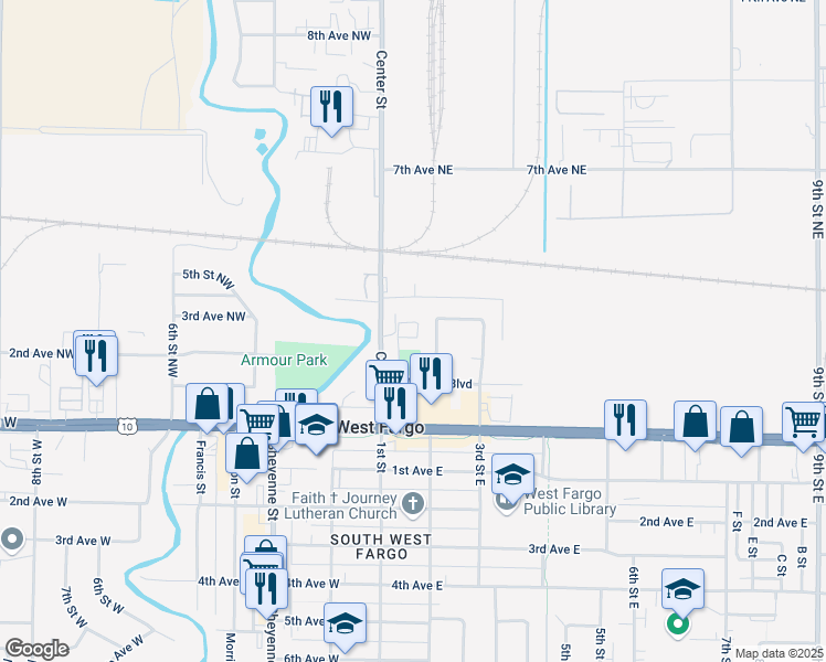 map of restaurants, bars, coffee shops, grocery stores, and more near 72 Pinewood Boulevard in West Fargo