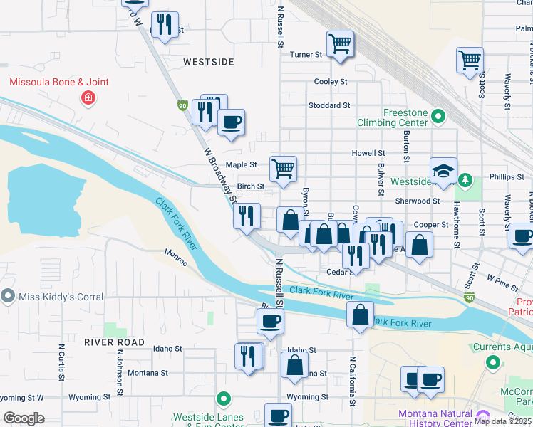 map of restaurants, bars, coffee shops, grocery stores, and more near 1925 Sherwood Street in Missoula