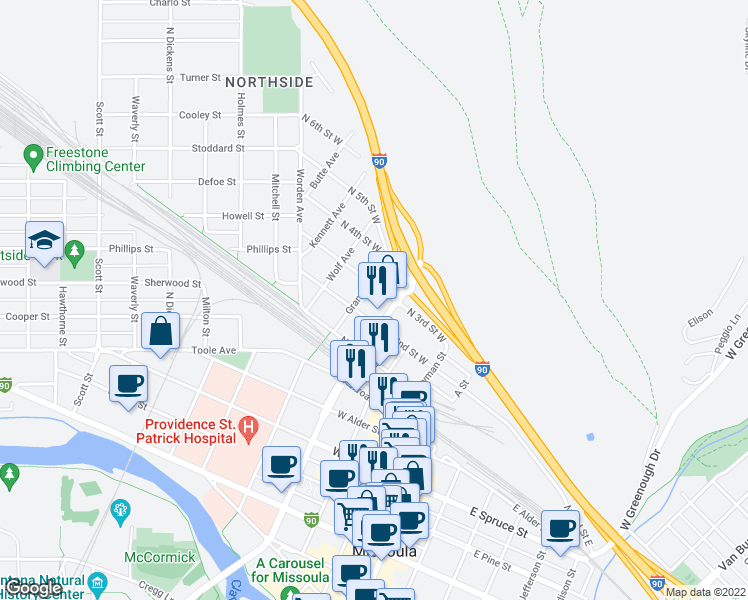 map of restaurants, bars, coffee shops, grocery stores, and more near 923 North Orange Street in Missoula