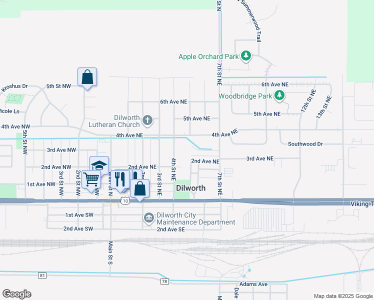 map of restaurants, bars, coffee shops, grocery stores, and more near 501 4th Avenue Northeast in Dilworth