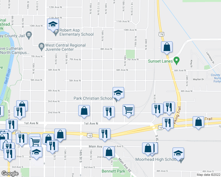 map of restaurants, bars, coffee shops, grocery stores, and more near 403 17th Street North in Moorhead