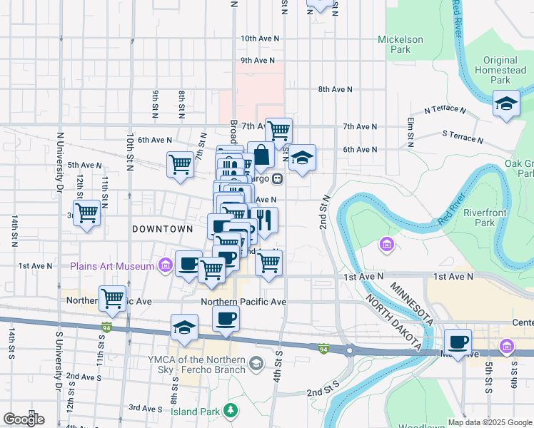 map of restaurants, bars, coffee shops, grocery stores, and more near 311 5th Street North in Fargo