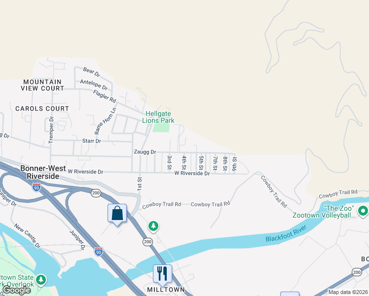map of restaurants, bars, coffee shops, grocery stores, and more near 8490 Zaugg Drive in Missoula