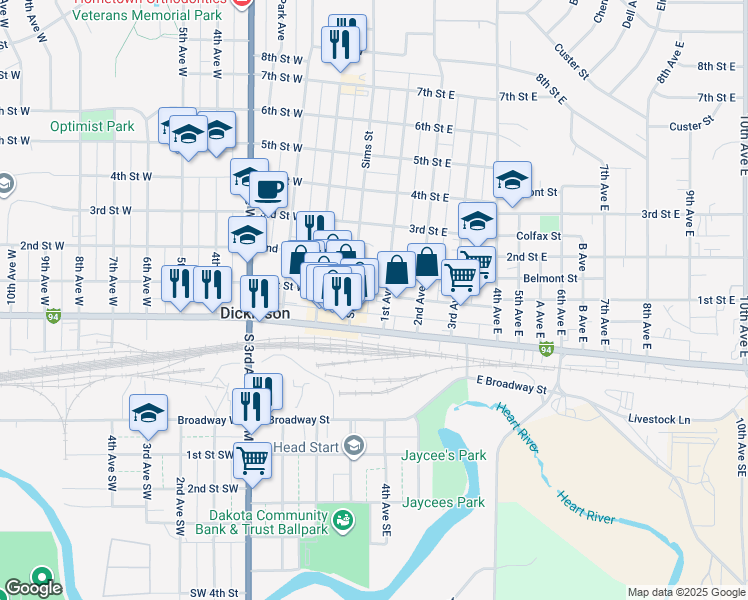map of restaurants, bars, coffee shops, grocery stores, and more near 34 East 1st Street in Dickinson