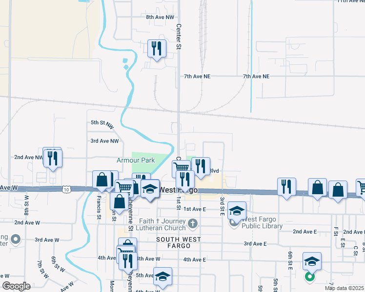 map of restaurants, bars, coffee shops, grocery stores, and more near 61 North Dakota 294 in West Fargo