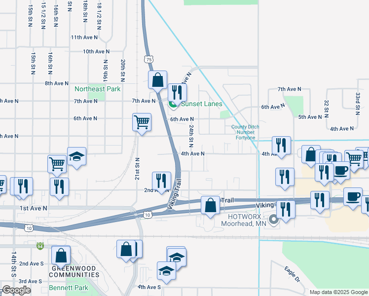 map of restaurants, bars, coffee shops, grocery stores, and more near 2310 4th Avenue North in Moorhead
