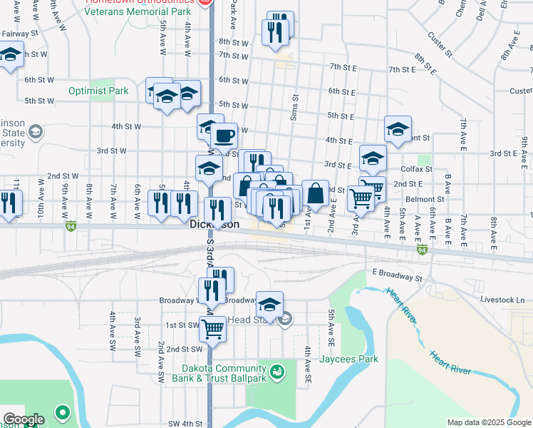 map of restaurants, bars, coffee shops, grocery stores, and more near 40 1st Avenue West in Dickinson