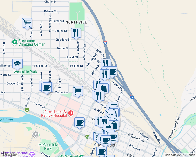 map of restaurants, bars, coffee shops, grocery stores, and more near 504 N 2nd St W in Missoula