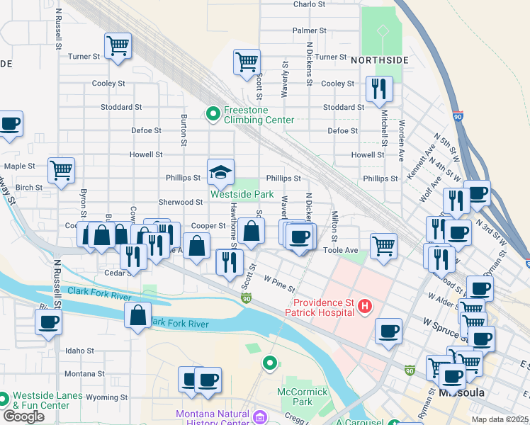 map of restaurants, bars, coffee shops, grocery stores, and more near 828 Scott St in Missoula