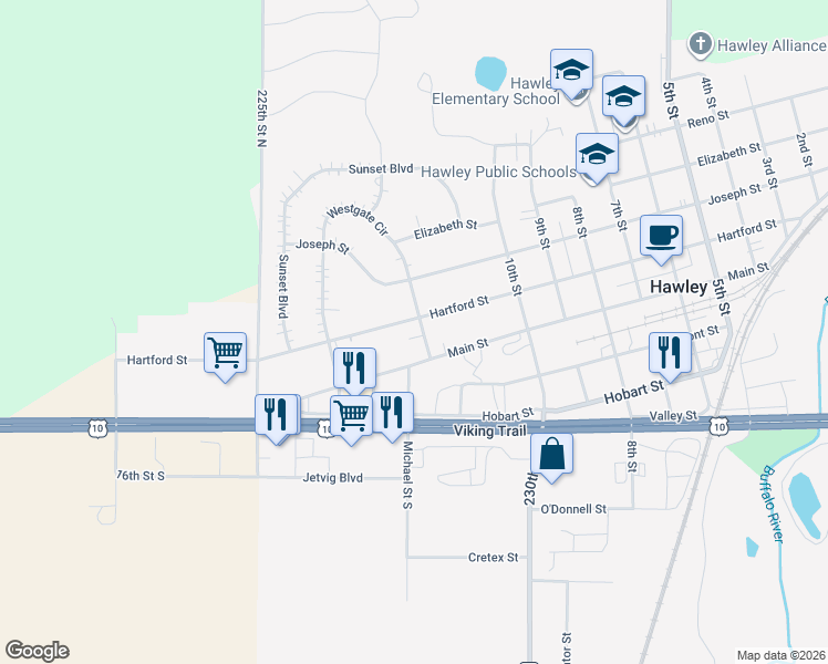map of restaurants, bars, coffee shops, grocery stores, and more near 1305 Hartford Street in Hawley