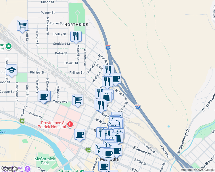 map of restaurants, bars, coffee shops, grocery stores, and more near 923 North Orange Street in Missoula