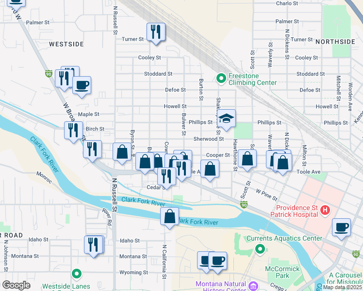map of restaurants, bars, coffee shops, grocery stores, and more near 1428 Cooper Street in Missoula