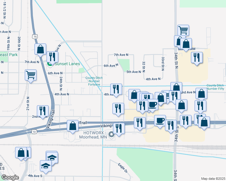 map of restaurants, bars, coffee shops, grocery stores, and more near 2934 4th Avenue North in Moorhead
