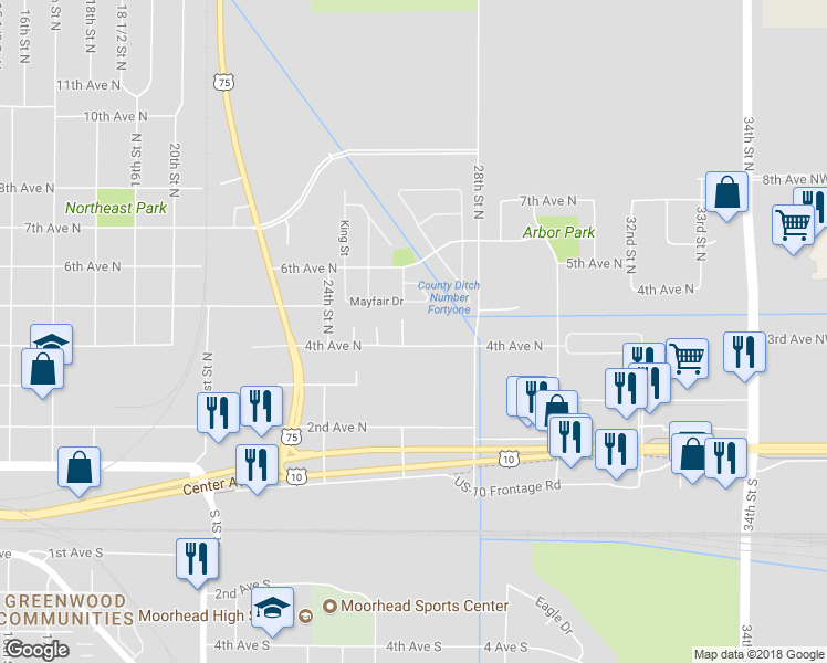 map of restaurants, bars, coffee shops, grocery stores, and more near 2616 4th Avenue North in Moorhead