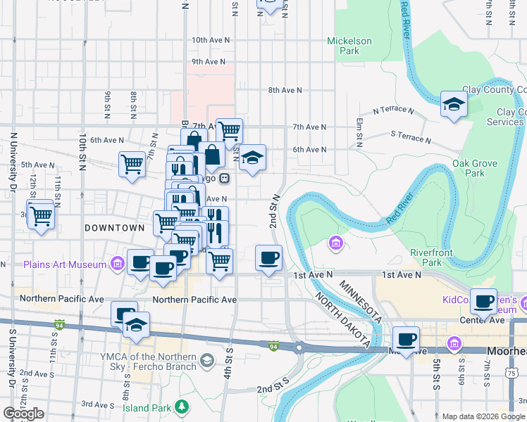 map of restaurants, bars, coffee shops, grocery stores, and more near 301 3rd Ave N in Fargo
