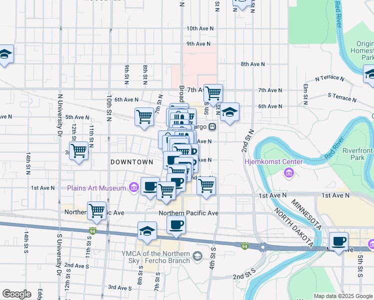 map of restaurants, bars, coffee shops, grocery stores, and more near 222 North Broadway Drive in Fargo