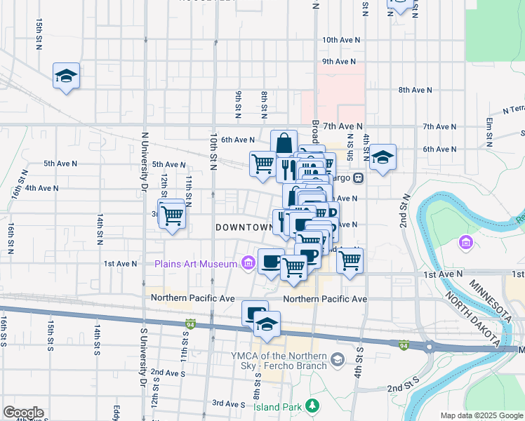 map of restaurants, bars, coffee shops, grocery stores, and more near in Fargo