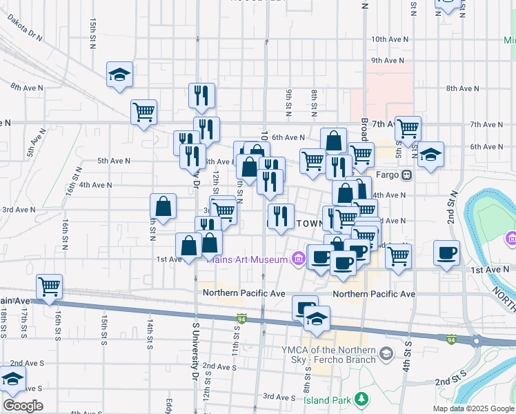 map of restaurants, bars, coffee shops, grocery stores, and more near 1015 3rd Avenue North in Fargo