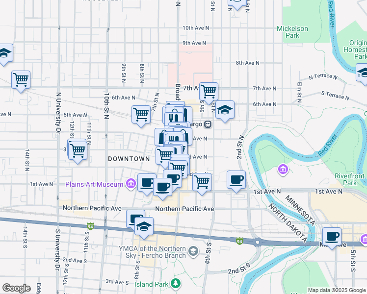 map of restaurants, bars, coffee shops, grocery stores, and more near 319 Broadway North in Fargo