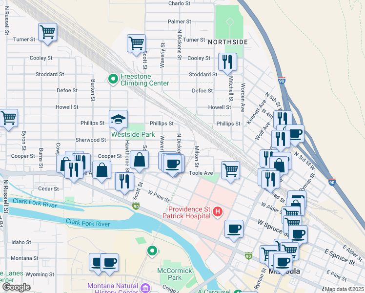 map of restaurants, bars, coffee shops, grocery stores, and more near 860 North Dickens Street in Missoula