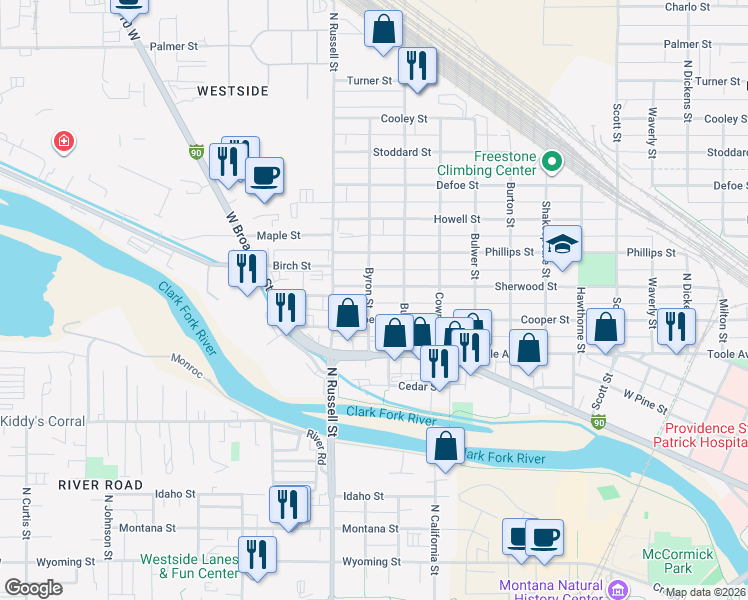 map of restaurants, bars, coffee shops, grocery stores, and more near 820 Byron Street in Missoula