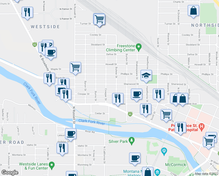 map of restaurants, bars, coffee shops, grocery stores, and more near 1519 Sherwood Street in Missoula