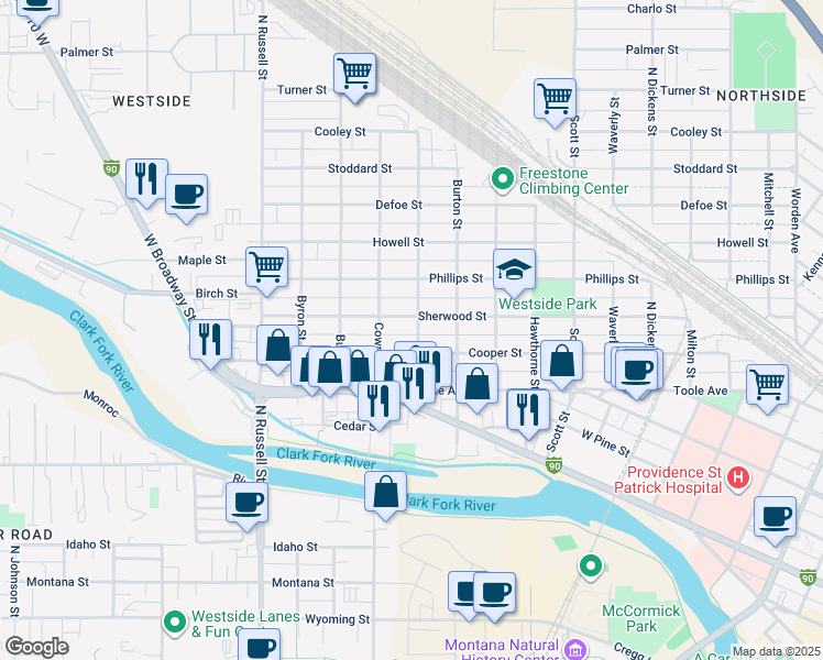 map of restaurants, bars, coffee shops, grocery stores, and more near 1428 Cooper Street in Missoula