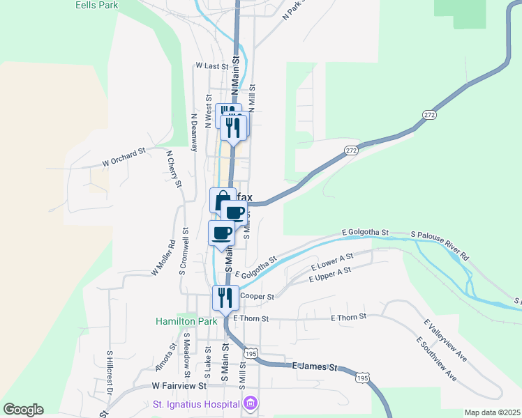 map of restaurants, bars, coffee shops, grocery stores, and more near 399 East Canyon Street in Colfax