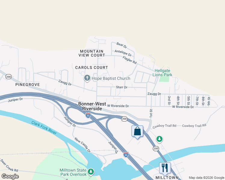 map of restaurants, bars, coffee shops, grocery stores, and more near 7759 Starr Drive in Missoula