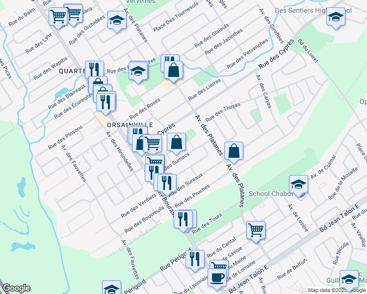 map of restaurants, bars, coffee shops, grocery stores, and more near 3213 Place des Tilleuls in Québec