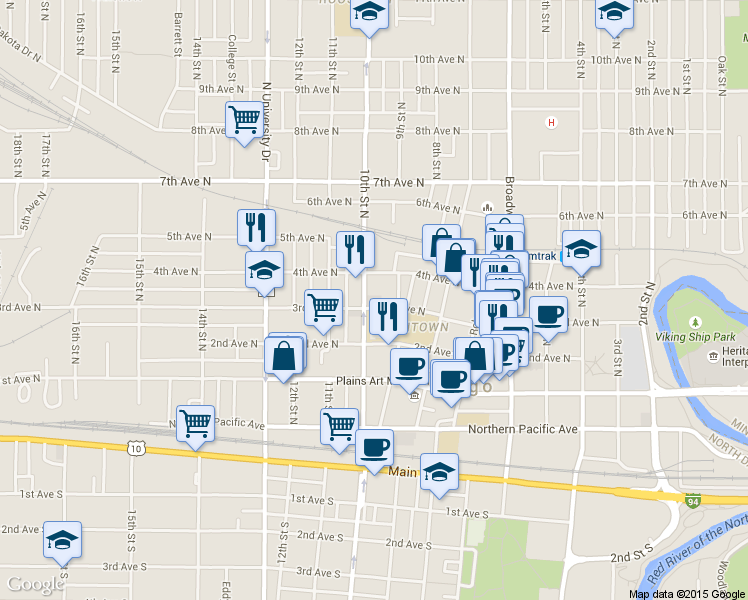 map of restaurants, bars, coffee shops, grocery stores, and more near 301 10th Street North in Fargo