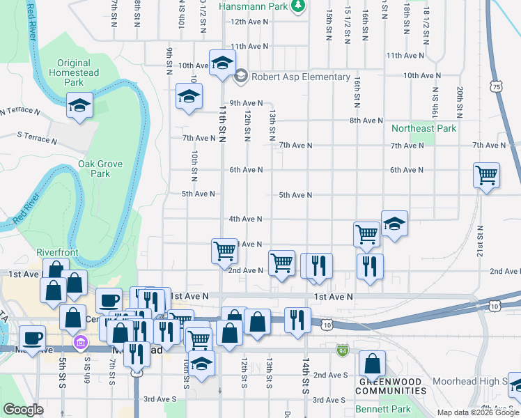 map of restaurants, bars, coffee shops, grocery stores, and more near 406 12th Street North in Moorhead