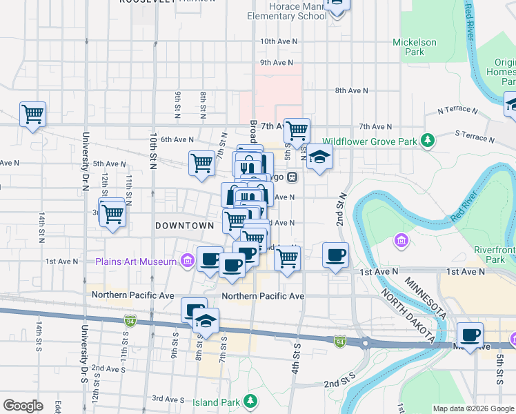 map of restaurants, bars, coffee shops, grocery stores, and more near 222 North Broadway Drive in Fargo