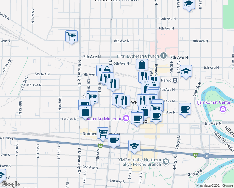 map of restaurants, bars, coffee shops, grocery stores, and more near 301 10th Street North in Fargo