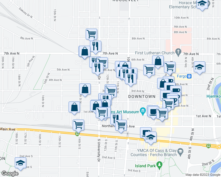 map of restaurants, bars, coffee shops, grocery stores, and more near 1119 3rd Avenue North in Fargo