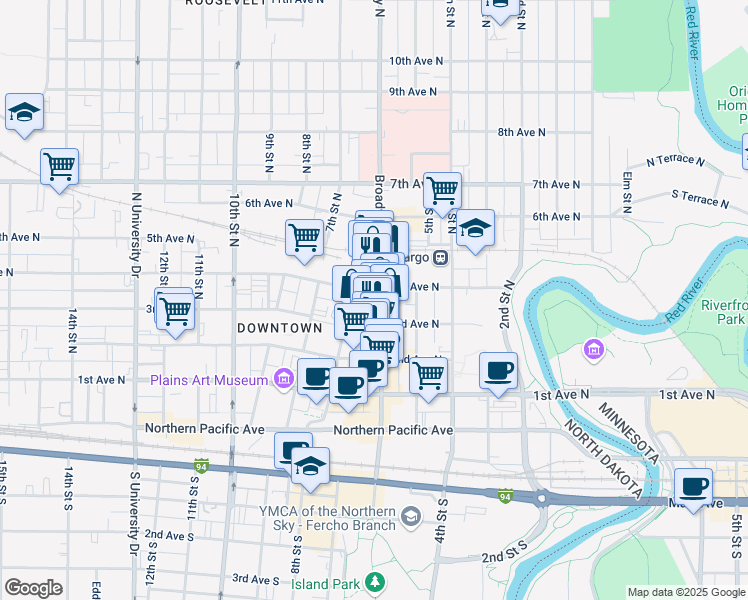 map of restaurants, bars, coffee shops, grocery stores, and more near 222 North Broadway Drive in Fargo