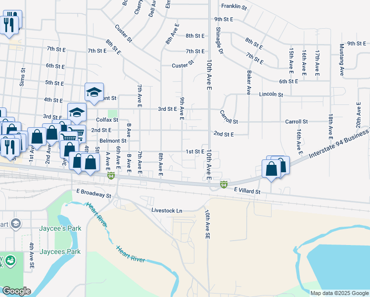map of restaurants, bars, coffee shops, grocery stores, and more near 106 9th Avenue East in Dickinson