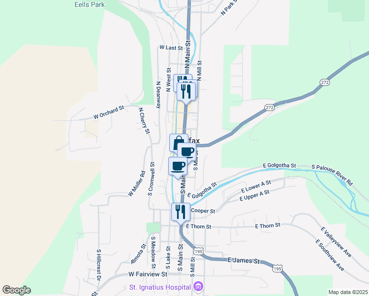 map of restaurants, bars, coffee shops, grocery stores, and more near 211 South Main Street in Colfax