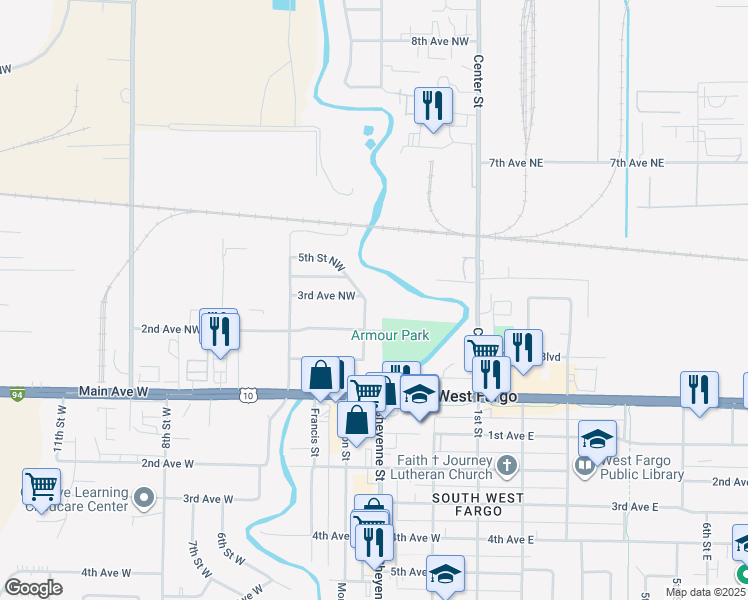 map of restaurants, bars, coffee shops, grocery stores, and more near 224 5th Street Northwest in West Fargo