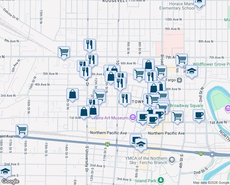 map of restaurants, bars, coffee shops, grocery stores, and more near 1015 3rd Avenue North in Fargo