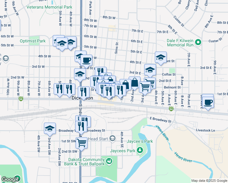 map of restaurants, bars, coffee shops, grocery stores, and more near 34 East 1st Street in Dickinson