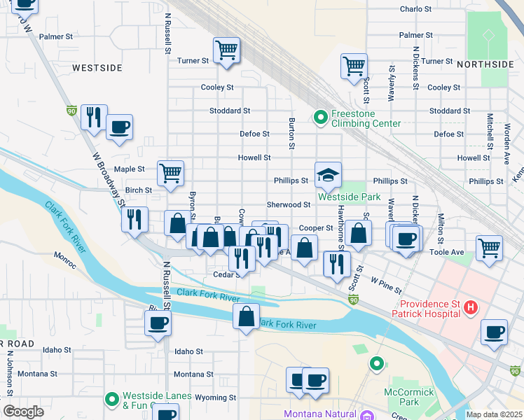 map of restaurants, bars, coffee shops, grocery stores, and more near 1428 Cooper Street in Missoula