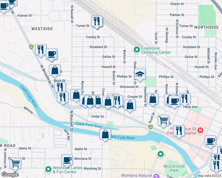 map of restaurants, bars, coffee shops, grocery stores, and more near 1519 Sherwood Street in Missoula