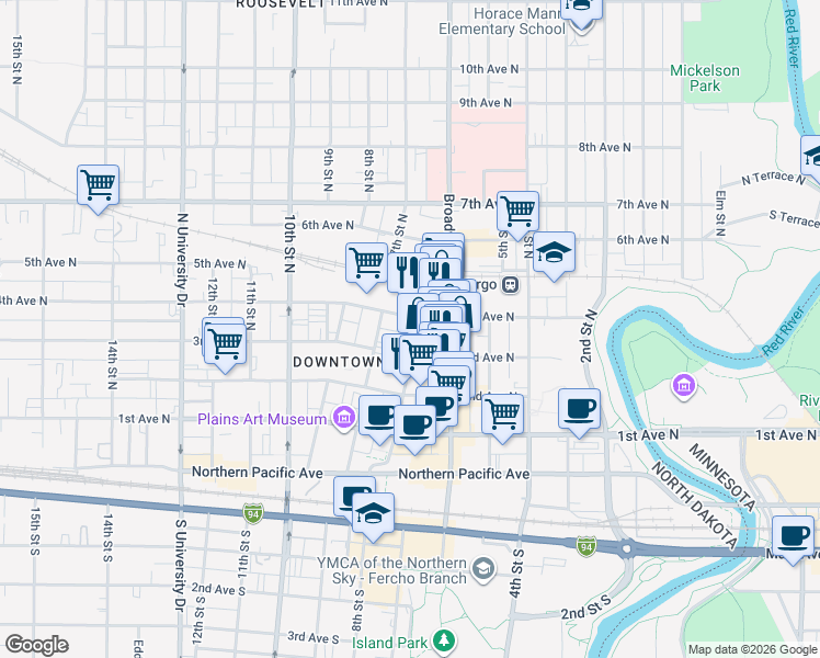 map of restaurants, bars, coffee shops, grocery stores, and more near in Fargo