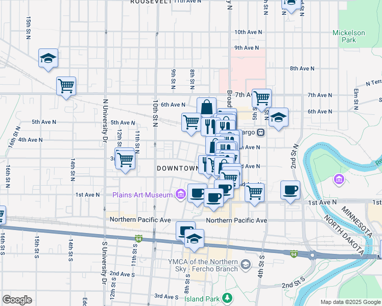 map of restaurants, bars, coffee shops, grocery stores, and more near in Fargo